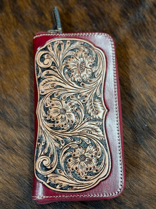 RED TOOLED BUCK STITCH WALLET