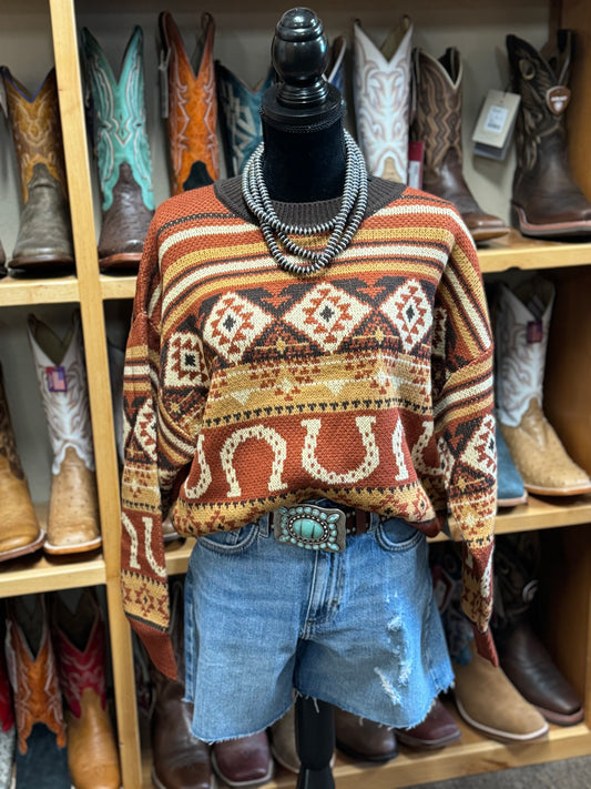 RUST HORSESHOE SWEATER